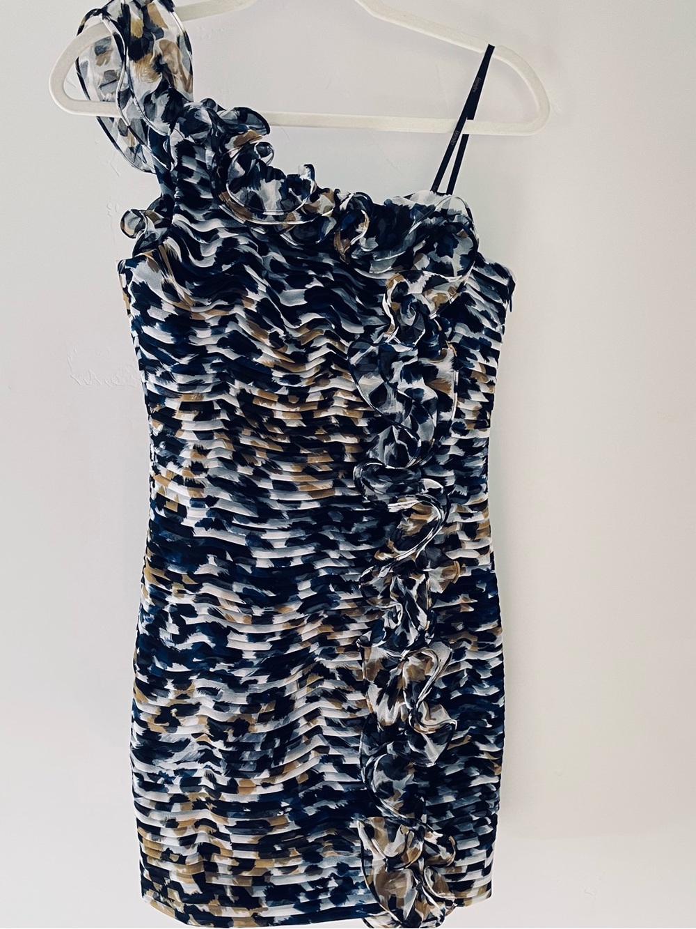 Laundry One-Shoulder Ruched Print Mini Dress in Navy/White/Olive, Sz. 4